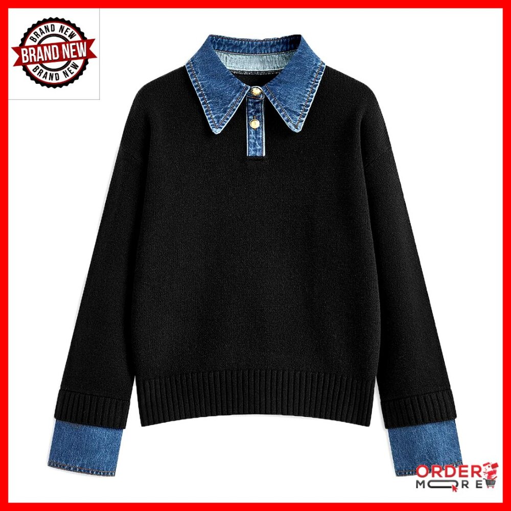 Oversized Denim Polo Sweater Pullover Long Sleeve Tunic Top